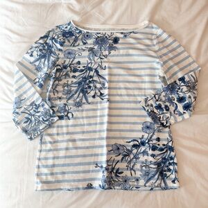 Talbots Blue And White Striped Floral 3/4 Sleeve Tee Size Medium